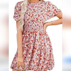 Dokotoo Womens Boho  Crewneck Puff Sleeve Tie Back Empire Waist Dress NWOT Siz L